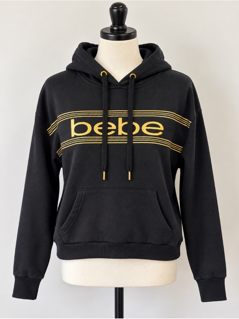 bebe Black Hoodie with Gold Logo Stripes